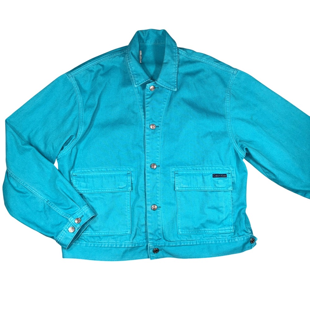Calvin Klein Turquoise Denim Trucker Jacket Medium Men Blue Cotton Double Pocket
